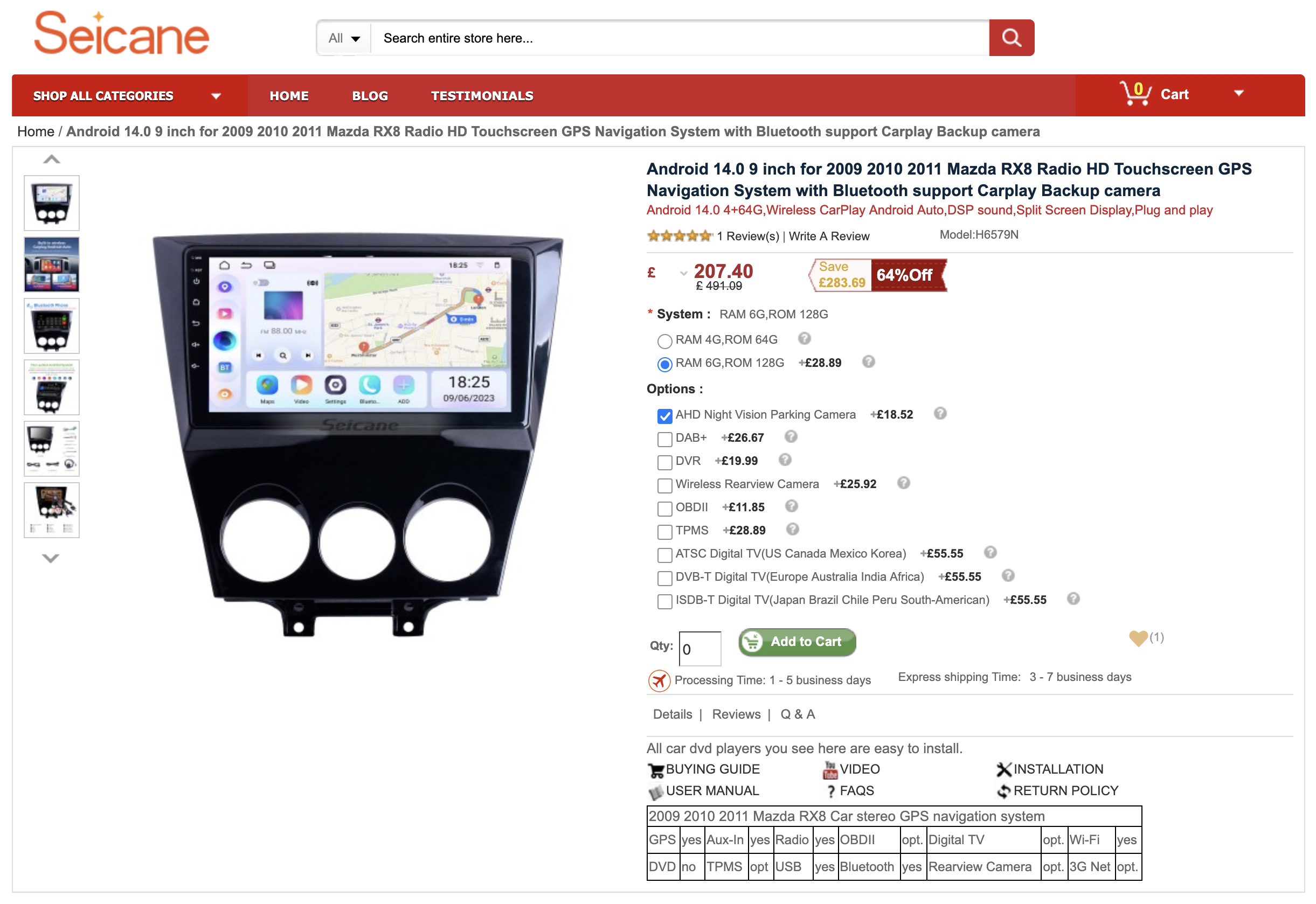 Screenshot of the Seicane website showing the head unit for 2009+ Mazda RX8